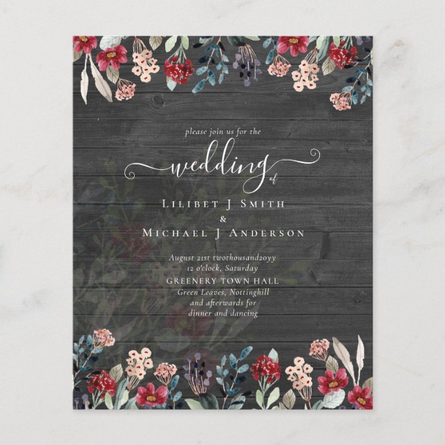 Elegant Dusty Blue Burgundy Floral Wedding Flyer (Vorne)