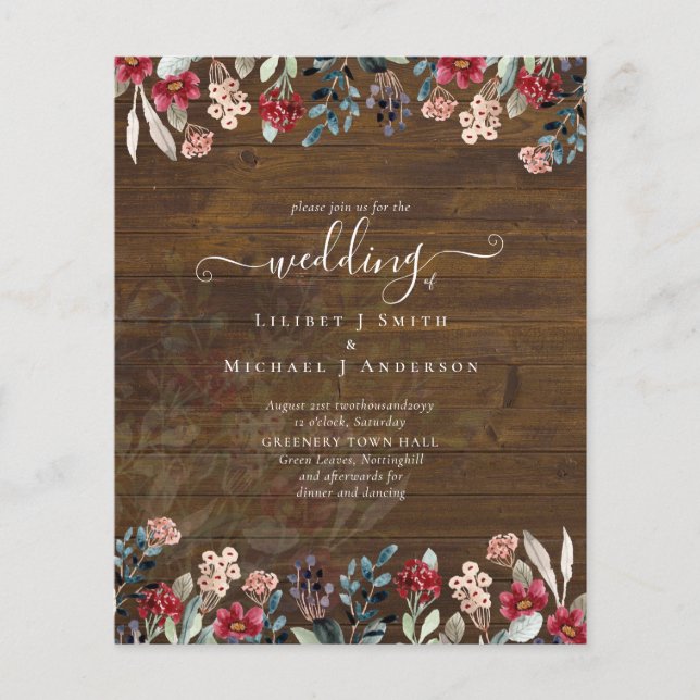 Elegant Dusty Blue Burgundy Floral Wedding Flyer (Vorne)