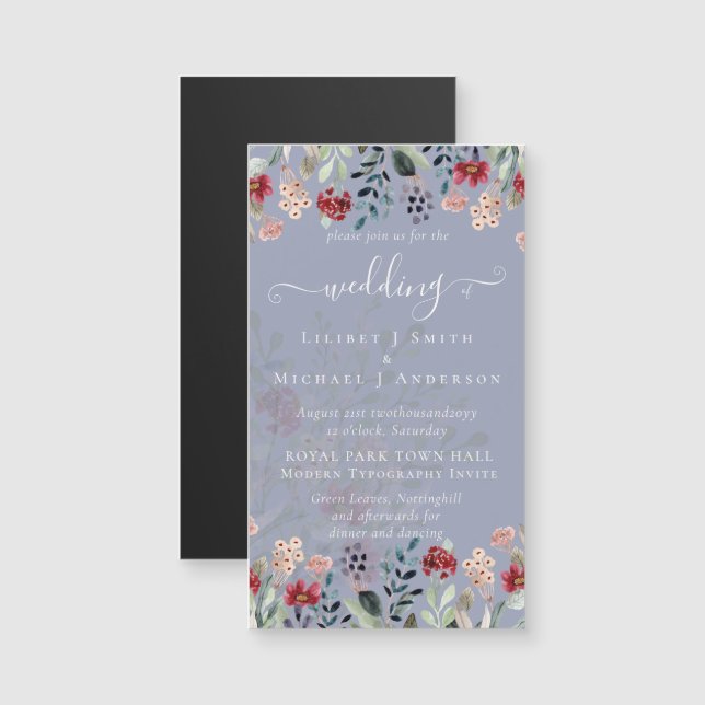 Elegant Dusty Blue Burgundy Floral Wedding Magnetkarte (Vorne/Hinten)