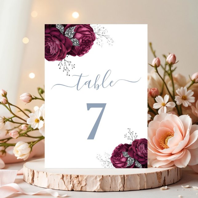 Elegant Dusty Blue Burgundy Peonies Tischnummer (Elegant Dusty Blue Burgundy Peonies Table Number)