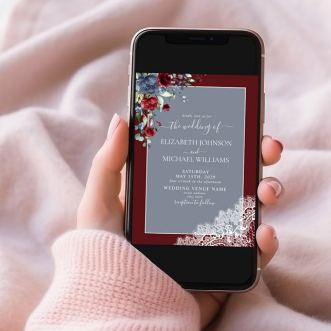 Elegant Dusty Blue Burgundy Wood Script Wedding Einladung (Von Creator hochgeladen)