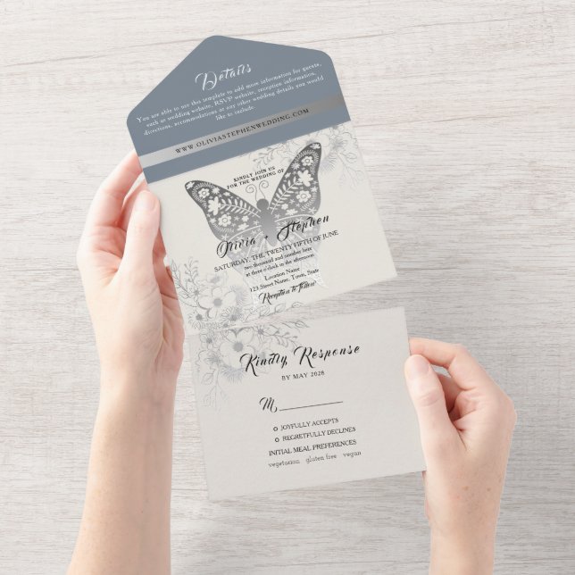 Elegant Dusty Blue Butterfly Wedding All In One Einladung (Abreißen)
