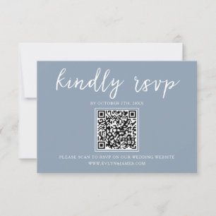 Elegant Dusty Blue Calligraphy QR Code Wedding RSVP Karte