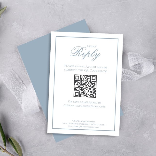 Elegant Dusty Blue Calligraphy Script UAWG RSVP Karte (Elegant dusty blue rsvp card with scannable QR code. )