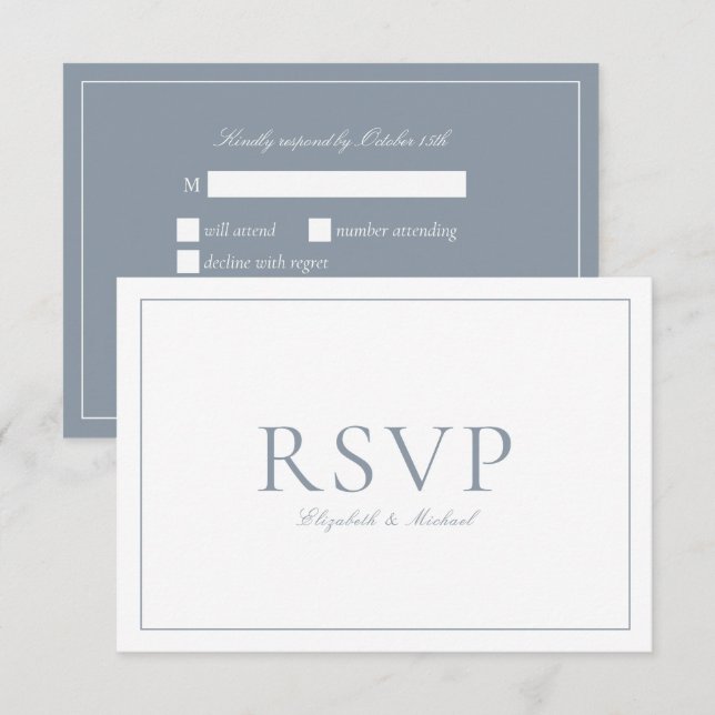 Elegant Dusty Blue Calligraphy Script Wedding RSVP Karte (Vorne/Hinten)