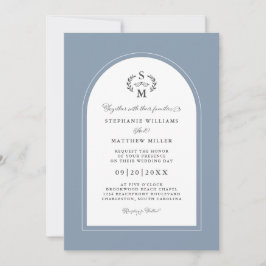 Elegant Dusty Blue Calligraphy Wappen Arch Wedding Einladung