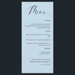 Elegant Dusty Blue Calligraphy Wedding / Empfang Menükarte<br><div class="desc">Elegant dusty Blue Empfang Menu Karte für Hochzeit oder Abendessen. Modernes, einfaches und elegantes Design mit schöner moderner handgeschriebener Kalligraphie. Vorder- und Hintergrundfarbe in staubblauem Ton. Möglichkeit zur Änderung sowohl der Vorder- als auch der Hintergrundefarbe durch Auswahl von "Weiter anpassen". Design in einer Vielzahl von Farben verfügbar. Teil unserer Kollektion...</div>