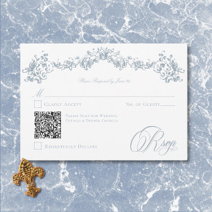 Elegant Dusty Blue Chinoiserie Cherub Wedding QR RSVP Karte