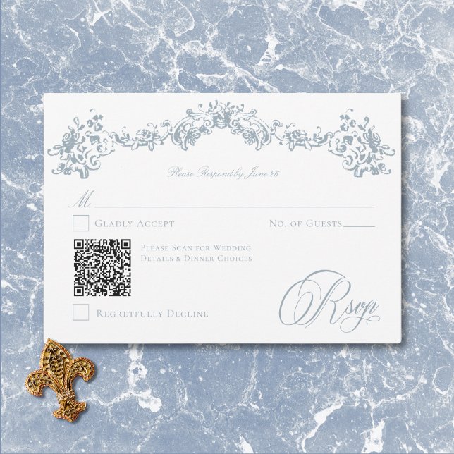Elegant Dusty Blue Chinoiserie Cherub Wedding QR RSVP Karte (Elegant Dusty Blue Chinoiserie Cherub Wedding QR RSVP Card)