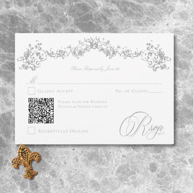 Elegant Dusty Blue Chinoiserie Cherub Wedding QR RSVP Karte (Elegant Dusty Blue Chinoiserie Cherub Wedding QR RSVP Card)