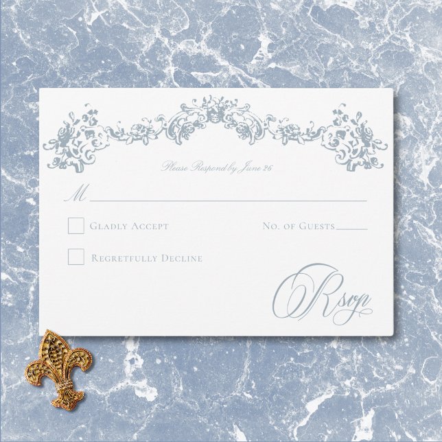 Elegant Dusty Blue Chinoiserie Cherub Wedding RSVP Karte (Elegant Dusty Blue Chinoiserie Cherub Wedding RSVP Card)