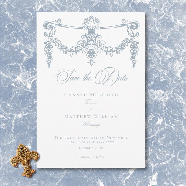 Elegant Dusty Blue Chinoiserie Cherub Wedding Save The Date (Elegant Dusty Blue Chinoiserie Cherub Wedding Save The Date)