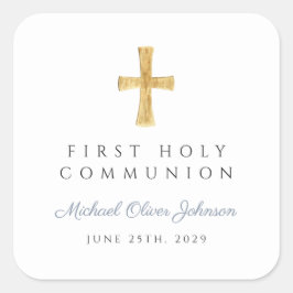 Elegant Dusty Blue Cross Boy Erste Kommune Quadratischer Aufkleber