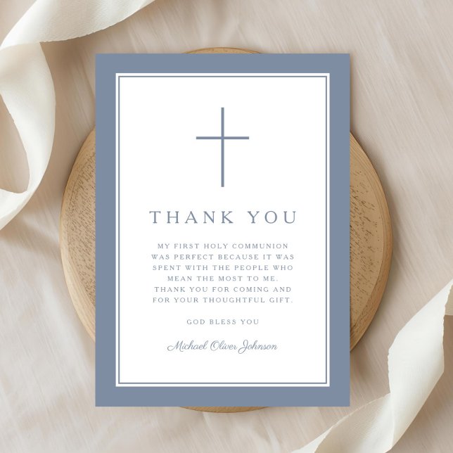 Elegant Dusty Blue Cross Boy First Communion Dankeskarte (Elegant Dusty Blue Cross Boy First Communion Thank You Card
)
