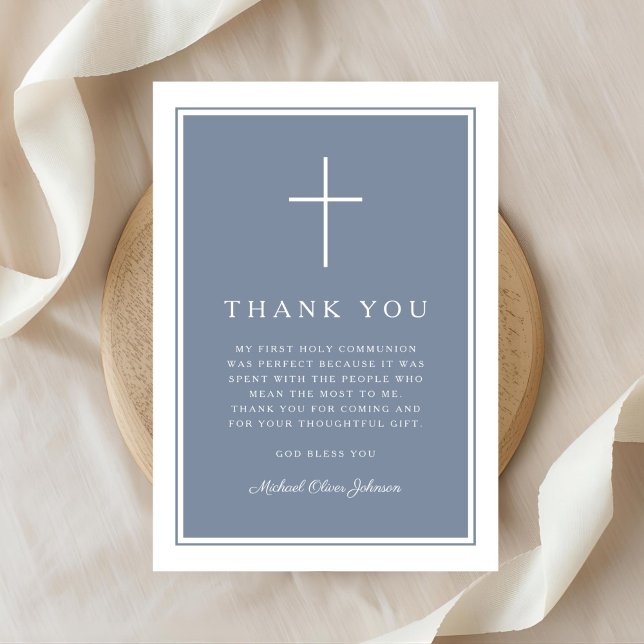Elegant Dusty Blue Cross Boy First Communion Dankeskarte (Elegant Dusty Blue Cross Boy First Communion Thank You Card)