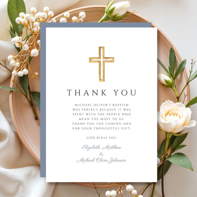 Elegant Dusty Blue Cross Boy Taufe Dankeskarte (Elegant Dusty Blue Cross Boy Baptism Thank You Card)