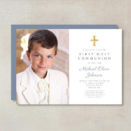 Elegant Dusty Blue Cross Foto Boy First Communion Einladung