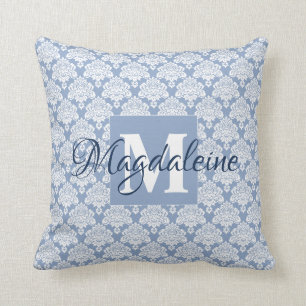 Elegant Dusty Blue Damask Monogram & Name Kissen