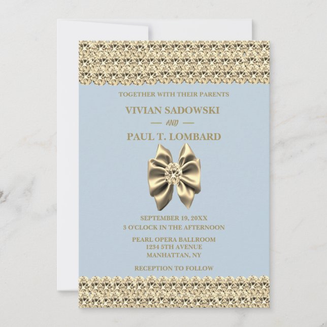 Elegant Dusty Blue Diamond & Gold Wedding Einladung (Vorderseite)