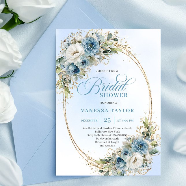 Elegant Dusty Blue Eucalyptus Gold Bridal Shower  Einladung (Elegant Dusty Blue Eucalyptus Gold Bridal Shower Invite)