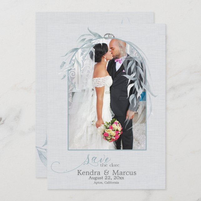 Elegant Dusty Blue Eucalyptus Silver Save the Date Einladung (Vorne/Hinten)