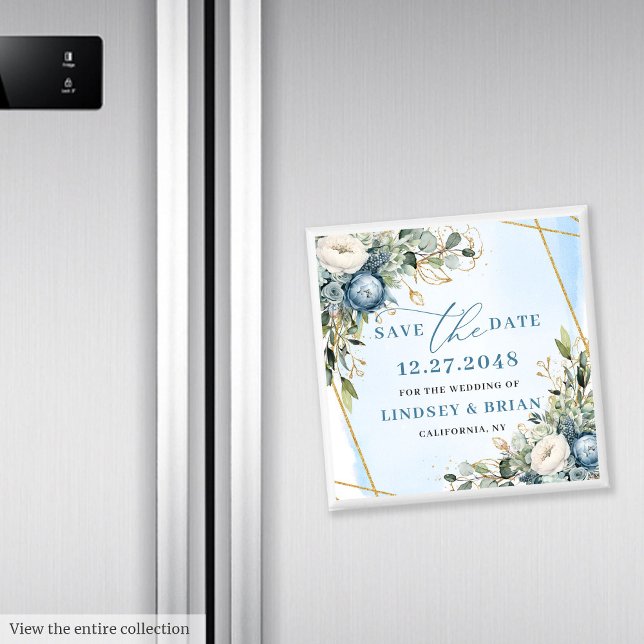 Elegant Dusty Blue Eucalyptus Speichern Sie das Da Magnet (Elegant Dusty Blue Floral Gold Save The Date Magnet

)