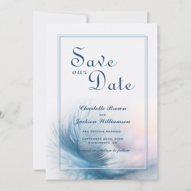 Elegant Dusty Blue Feather Wedding Save the Date (Vorderseite)