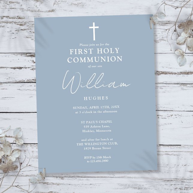 Elegant Dusty Blue First Holy Communion Einladung Postkarte (Elegant Dusty Blue First Holy Communion Invitation Postcard)