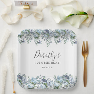 Elegant Dusty Blue Floral 70. Geburtstag Custom Pappteller