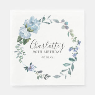 Elegant Dusty Blue Floral 90. Geburtstag Custom Serviette