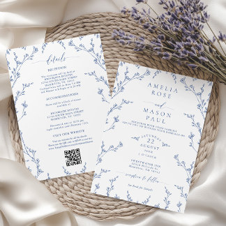 Elegant Dusty Blue Floral All-In-One Wedding Einladung