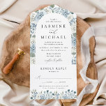 Elegant Dusty Blue Floral Arch Wedding All In One Einladung<br><div class="desc">Elegante, blumengeschmückte Einladungen für Hochzeiten, die Ihre Hochzeitsdetails mit einem gewölbten Blumenrahmen aus staubigen Rosen in Blau und Weiß, Hydrangeas, üppigen Eukalyptus-Blätter und Grünpflanzen vermitteln. Die dustig blühende Hochzeitseinladung mit Ihren Hochzeitsdetails für ein Design, das perfekt für Ihre Hochzeit im Frühling oder Sommer ist, ganz individuell gestalten. Entworfen, um mit...</div>