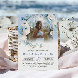 Elegant Dusty Blue Floral Baby Shower Einladung