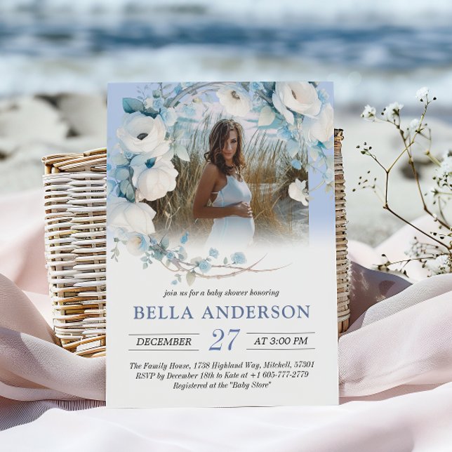 Elegant Dusty Blue Floral Baby Shower Einladung (Elegant Dusty Blue Floral Baby Shower Invitation)