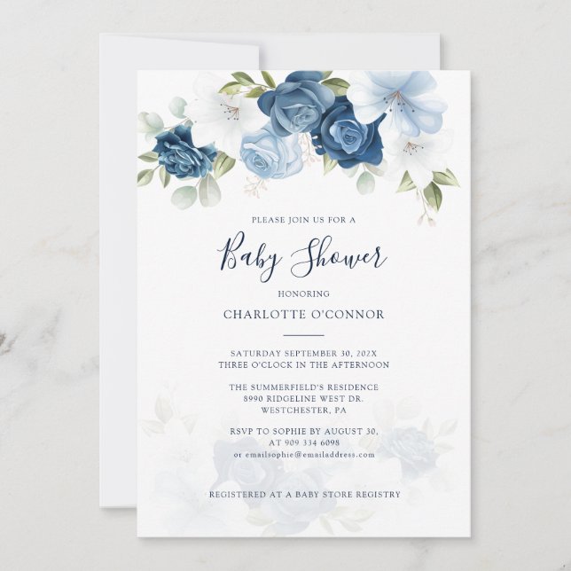Elegant Dusty Blue Floral Baby Shower Einladung (Vorderseite)
