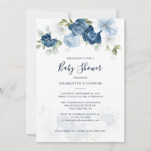 Elegant Dusty Blue Floral Baby Shower Einladung