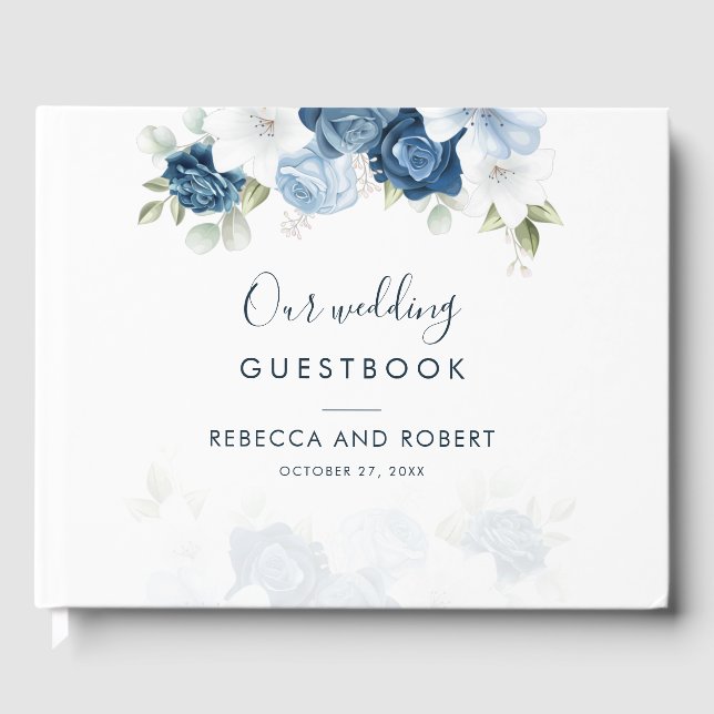 Elegant Dusty Blue Floral Bloom Wedding Gästebuch (Vorderseite)
