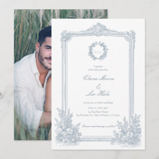 Elegant Dusty Blue Floral Border Wedding Photo  Einladung