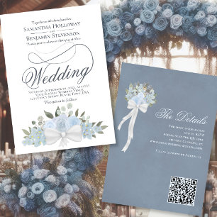 Elegant Dusty Blue Floral Bouquet QR Code Wedding Einladung
