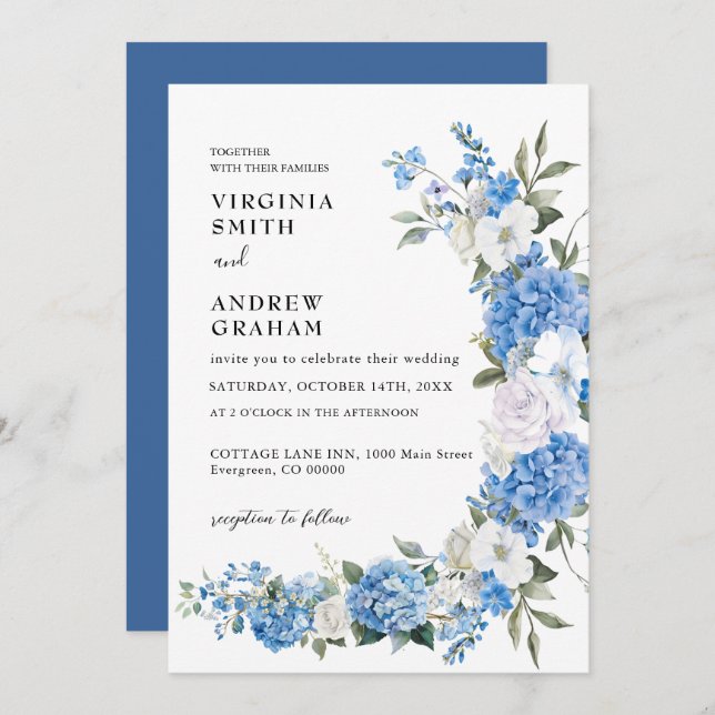 Elegant Dusty Blue Floral Bow Wedding Einladung (Vorne/Hinten)
