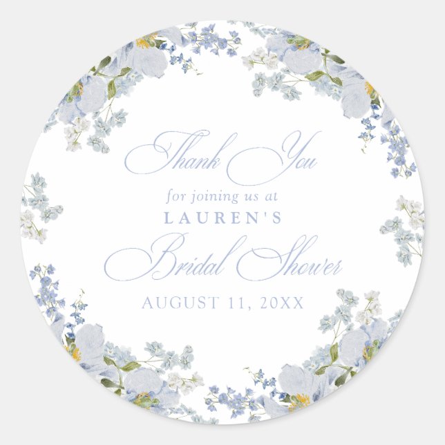 Elegant Dusty Blue Floral Brautparty Vielen Dank Runder Aufkleber (Vorderseite)