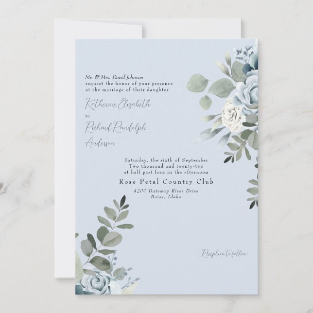 Elegant Dusty Blue Floral Bride Eltern Einladung (Vorderseite)