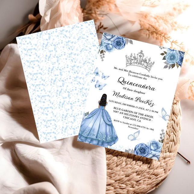 Elegant Dusty Blue Floral Butterfly Quinceanera Einladung (Von Creator hochgeladen)