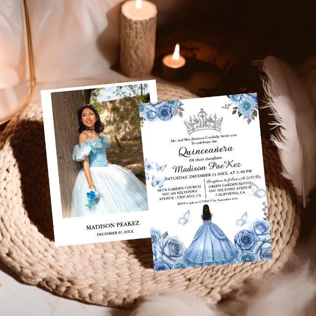 Elegant Dusty Blue Floral Butterfly Quinceanera Einladung (Von Creator hochgeladen)
