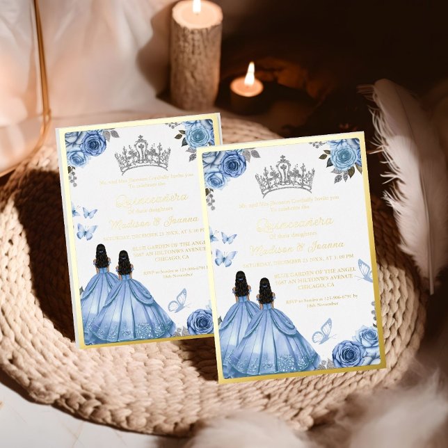 Elegant Dusty Blue Floral Butterfly Quinceanera Folieneinladung (Von Creator hochgeladen)