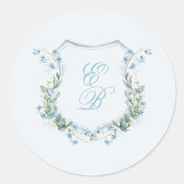 Elegant Dusty Blue Floral Crest Wedding Runder Aufkleber