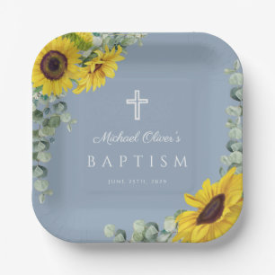 Elegant Dusty Blue Floral Cross Taufe Pappteller