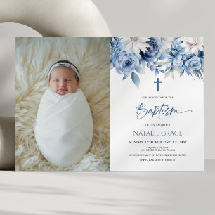Elegant Dusty Blue Floral Custom Picture Baptisse Einladung