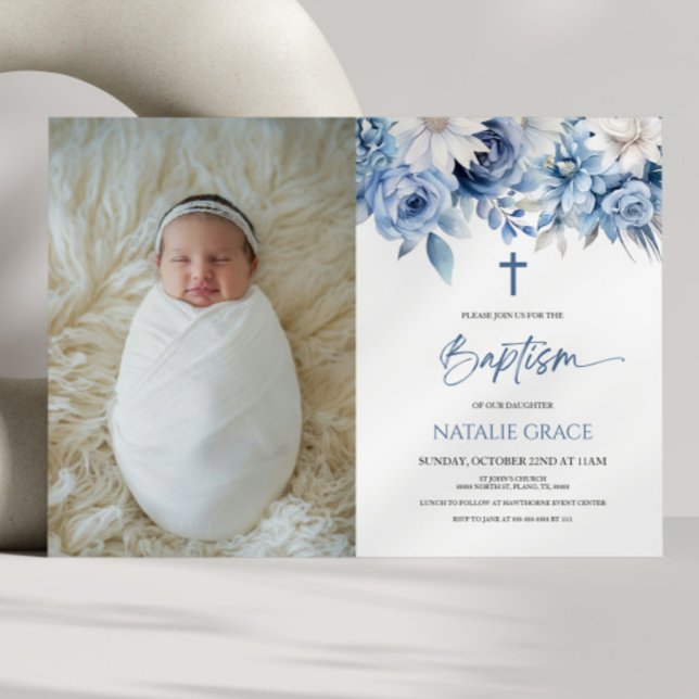 Elegant Dusty Blue Floral Custom Picture Baptisse Einladung (Von Creator hochgeladen)