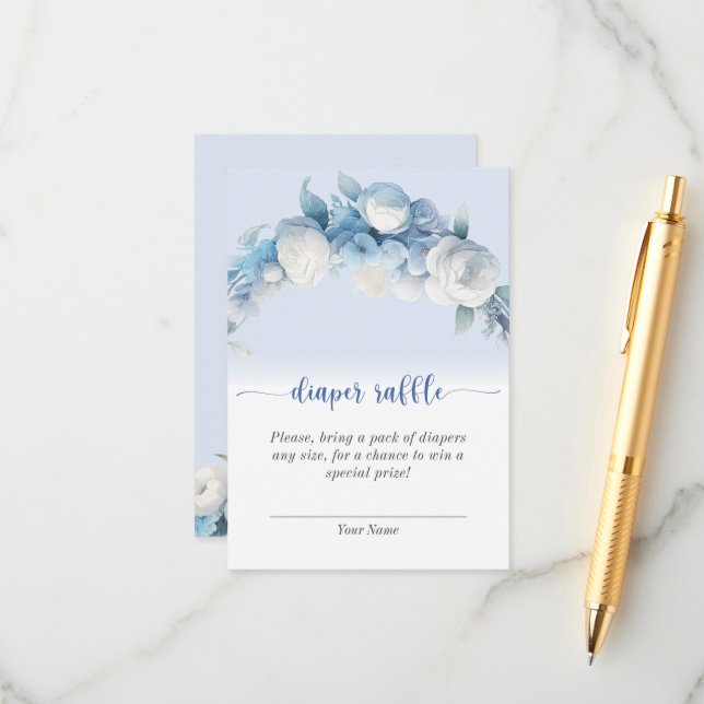 Elegant Dusty Blue Floral Diaper Raffle Begleitkarte (Vorderseite/Rückseite Beispiel)